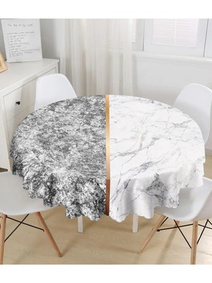 Rem Home Remhome Siyah Beyaz Mermer Tasarımlı Dijital Baskılı Yuvarlak Masa Örtüsü  Çap 140 cm 140 x 140 cm