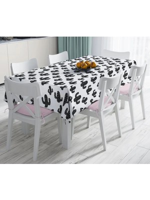 Rem Home Remhome Siyah Beyaz Kaktüs Desenli Dekoratif Leke Tutmaz Masa Örtüsü 90 x 90 cm