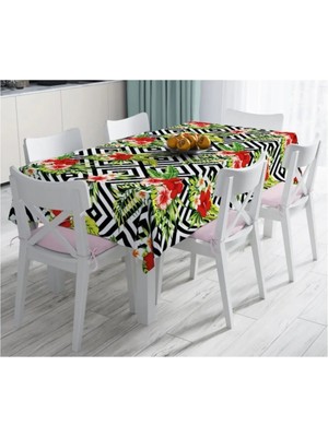 Rem Home Remhome Geometrik Zeminde Çiçek Desenli Leke Tutmaz Masa ÖRTÜSÜ-120X140 cm
