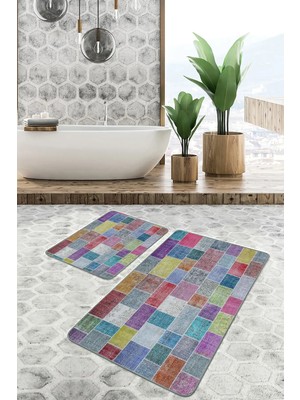 Rem Home Remhome 2'li Set Yöresel Zeminde Patchwork Motifli Anadolu Desenli Vintage Klasik 2'li Banyo Paspas Takımı Takım Banyo Paspası