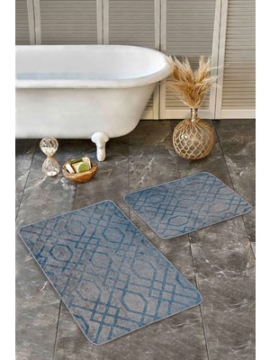 Rem Home Remhome 2'li Mavi Zeminde Geometrik Motifli Örme Desenli Geometrik Klasik 2'li Banyo & Mutfak Paspas Takımı Takım Banyo Paspası