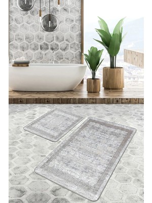 Rem Home Remhome Beyaz Zeminde Çerçeve Motifli Geometrik Desenli Vintage Klasik 2'li Banyo & Mutfak Paspas Takımı Takım Banyo Paspası