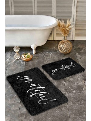 Rem Home Remhome 2'li Siyah Zeminde Yazı Motifli Grateful Desenli Klasik Sade & Şık 2'li Banyo & Mutfak Paspas Takımı Takım Banyo Paspası