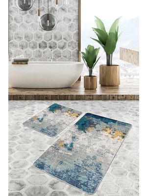 Rem Home Remhome Lacivert Gri Zemin Fırça Darbeleri Motifli Eskitme Desenli Eskitme Motifli 2'li Banyo Paspas Takımı Takım Banyo Paspası