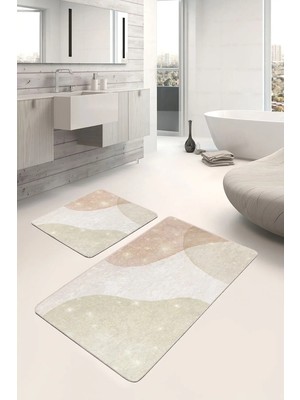 Rem Home Remhome Gold – Krem Zeminde Kanvas Motifli Boyama Desenli Bohem Klasik 2'li Banyo & Mutfak Paspas Takımı Takım Banyo Paspası