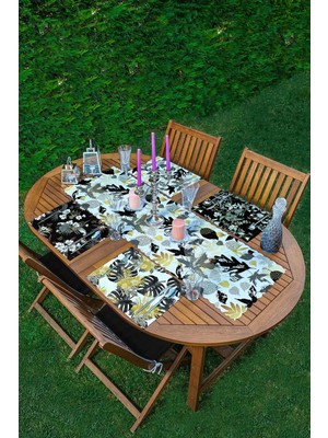 Rem Home Remhome 4+1 Siyah Zeminli Gold Detaylı Yaprak Desenli Modern Amerikan Servis & Runner Seti