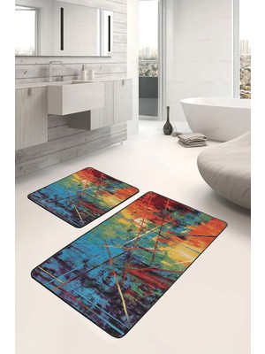 Rem Home Remhome Kanvas Zeminde Yağlı Boya Motifli Modern Sanat Modern Sade & Şık 2'li Banyo & Mutfak Paspas Takımı Takım Banyo Paspası