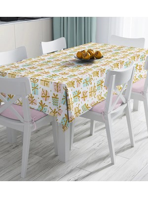 Rem Home Remhome Beyaz Zemin Üzerinde Gold Detaylı Hediye Paketi Desenli Dijital Baskılı Masa Örtüsü 90 x 90 cm