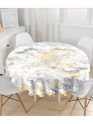 Rem Home Remhome Gri Zemin Üzerinde Gold Detaylı Soft Çizim Desenli Modern Yuvarlak Masa Örtüsü - Çap 140CM 140 x 140 cm