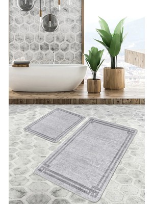 Rem Home Remhome Gri - Antrasit Zeminde Çerçeveli Motifli Antik Eskitme Motifli Geometrik 2'li Banyo Paspas Takımı Takım Banyo Paspası
