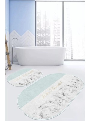 Rem Home Remhome Soft Renkli Hello Beatiful Dijital Baskılı 2'li Oval Kaymaz Tabanlı Banyo & Mutfak Paspas Takımı Takım Banyo Paspası