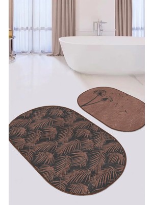 Rem Home Remhome Siyah Kahve Ince Tüyler 2'li Oval Kaymaz Tabanlı Mutfak Paspas Seti & Banyo Halı Takımı Takım Banyo Paspası
