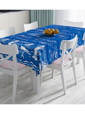 Rem Home Remhome Mavi Zeminli Deniz Feneri Desenli Dijital Baskılı Masa Örtüsü 90 x 90 cm