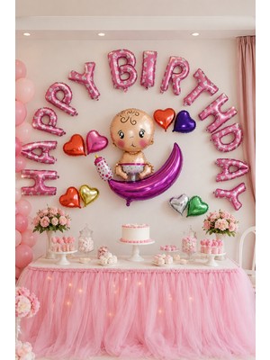 Dodomar Folyo Balon Happy Birthday Pembe Bebekli Kalpli 320X40 cm Doğum Günü Parti Süsü Duvar Dekoru Seti