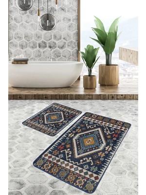 Rem Home Remhome 2'li Set Lacivert Zeminde Kilim Motifli Baklava Etnik Motifler Vintage 2'li Banyo Paspas Takımı Takım Banyo Paspası