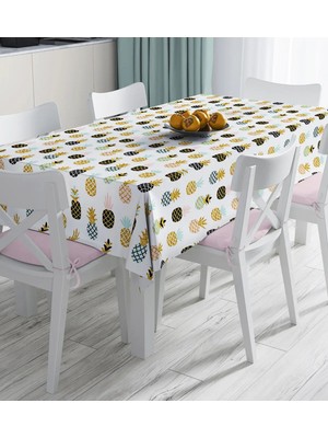 Rem Home Remhome Beyaz Zemin Üzerinde Gold Detaylı Ananas Desenli Dijital Baskılı Masa Örtüsü 90 x 90 cm