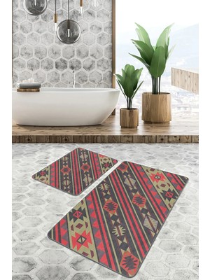 Rem Home Remhome 2'li Set Retro Zeminde Etnik Motifli Geleneksel Etnik Motifler Vintage 2'li Banyo Paspas Takımı Takım Banyo Paspası