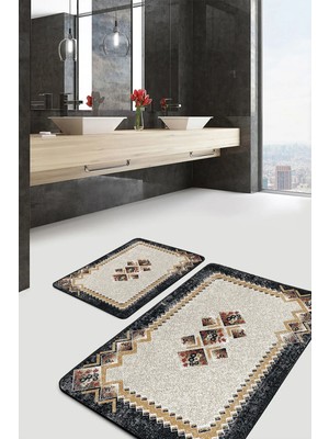 Rem Home Remhome Krem - Siyah Zeminde Geleneksel Motifli Dokuma Avangarde Etnik Motifler 2'li Banyo Paspas Takımı Takım Banyo Paspası