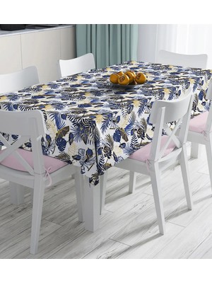 Rem Home Remhome Beyaz Zemin Üzerinde Gold Detaylı Yaprak Desenli Dijital Baskılı Masa Örtüsü 90 x 90 cm