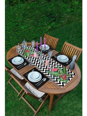 Rem Home Remhome Zikzak Zeminde Flamingo ve Yapraklar Tasarımlı 1 Adet Runner & 4 Adet Siyah Renkli Amerikan Servis