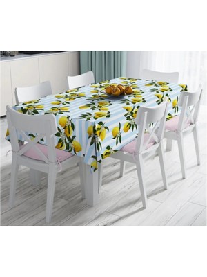 Rem Home Remhome Mavi Çizgili Limon Desenli Dijital Baskılı Dekoratif Leke Tutmaz Masa ÖRTÜSÜ-120X140 cm