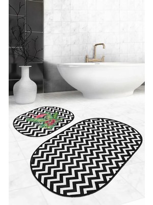 Rem Home Remhome Siyah Zigzag Zeminli Flamingo Motifli 2'li Oval Kaymaz Tabanlı Banyo & Mutfak Paspas Takımı Takım Banyo Paspası