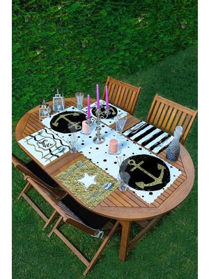 Rem Home Remhome 4+1 Beyaz Zemin Üzerinde Gold Detaylı Modern Amerikan Servis & Runner Seti