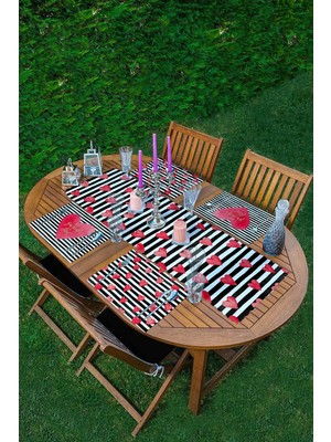 Rem Home Remhome 4+1 Siyah Beyaz Çizgili Kalp Motifli Amerikan Servis & Runner Seti