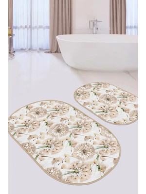 Rem Home Remhome Karahindiba Temalı Dijital Baskılı Özel Tasarım 2'li Oval Kaymaz Tabanlı Banyo & Mutfak Paspas Seti Takım Banyo Paspası