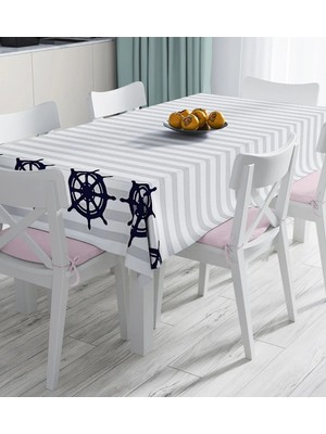 Rem Home Remhome Gri Beyaz Çizgili Çapa Desenli Dijital Baskılı Masa Örtüsü 90 x 90 cm