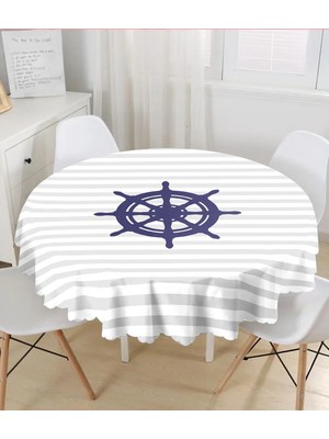 Rem Home Remhome Gri Beyaz Çizgili Çapa Desenli Dijital Baskılı Modern Yuvarlak Masa Örtüsü - Çap 140CM 140 x 140 cm