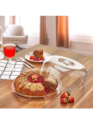 Yourhome Kek Fanusu Pleksi Kek Pasta Sunum Standı Tepsi Fanus Kristal Sunum Tepsisi 27 cm