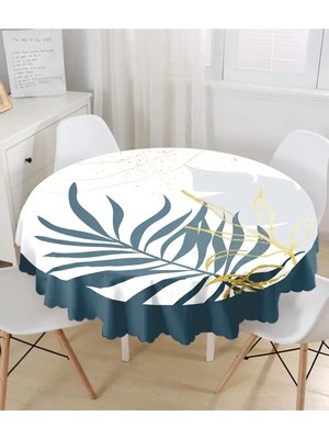 Rem Home Remhome Beyaz Zeminde Onedraw Çizimli Yaprak Desenli Dijital Baskılı Modern Yuvarlak Masa Örtüsü Çap 140 cm 140 x 140 cm