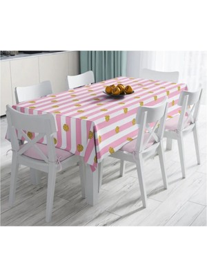 Rem Home Remhome Pembe Çizgili Altın Puanlı Özel Tasarımlı Leke Tutmaz Masa ÖRTÜSÜ-120X140 cm