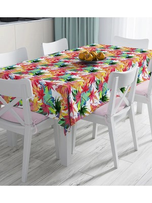 Rem Home Remhome Beyaz Zemin Üzerinde Renkli Yaprak Desenli Dijital Baskılı Masa Örtüsü 90 x 90 cm