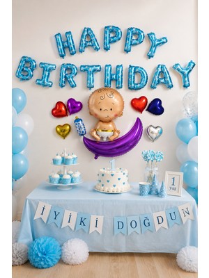 Dodomar Folyo Balon Happy Birthday Mavi Bebekli Kalpli 320X40 cm Doğum Günü Parti Süsü Duvar Dekoru Seti