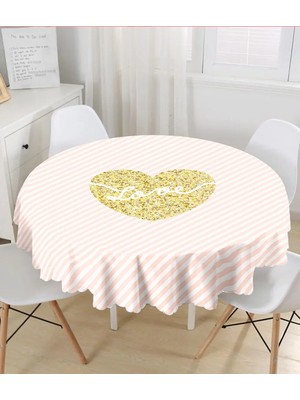 Rem Home Remhome Beyaz Zeminli Gold Renkli Love Yazılı Dijital Baskılı Modern Yuvarlak Masa Örtüsü Çap 140CM 140 x 140 cm