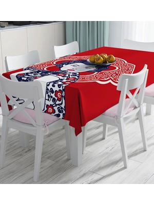 Rem Home Remhome Kırmızı Zeminli Köpek Tutan Hanım Desenli Modern Dijital Baskılı Masa Örtüsü 90 x 90 cm