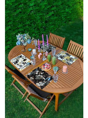 Rem Home Remhome 4'lü Siyah Zeminli Gold Detaylı Yaprak Desenli Modern Amerikan Servis Seti