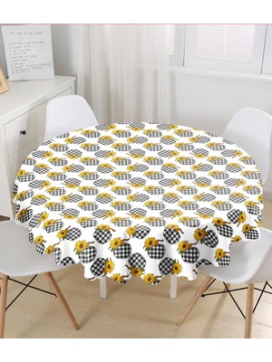 Rem Home Remhome Beyaz Zemin Üzerinde Ekose Desenli Balkabak Motifli Yuvarlak Masa Örtüsü - Çap 140CM 140 x 140 cm
