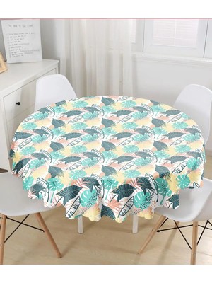 Rem Home Remhome Beyaz Zeminli Renkli Yaprak Desenli Dijital Baskılı Modern Yuvarlak Masa Örtüsü - Çap 140CM 140 x 140 cm