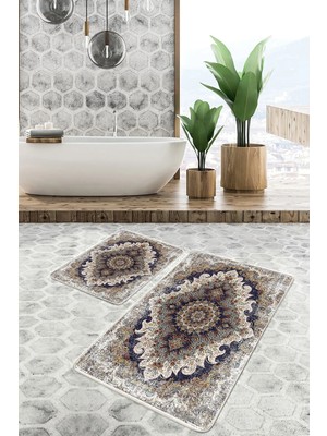 Rem Home Remhome Otantik Zeminde Göbekli Halı Motifli Hereke Desenli Eskitme Motifli Vintage 2'li Banyo Paspas Takımı Takım Banyo Paspası