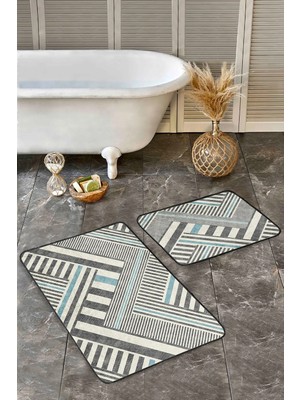 Rem Home Remhome Krem - Füme Zeminde Geometrik Motifli Kanvas Sade & Şık Geometrik 2'li Banyo & Mutfak Paspas Takımı Takım Banyo Paspası