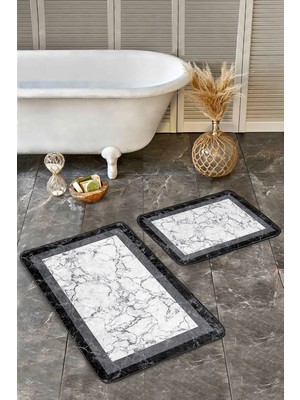 Rem Home Remhome Beyaz - Siyah Zeminde Çerçeveli Motifli Mermer Desenli Geometrik Sade & Şık 2'li Banyo Paspas Takımı Takım Banyo Paspası
