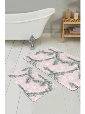 Rem Home Remhome Pembe Zemin Çam Yaprakları Kar Taneleri 2'li Kaymaz Tabanlı Banyo & Mutfak Paspas Takımı Takım Banyo Paspası