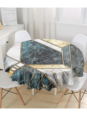 Rem Home Remhome Geometrik Mermer Üzerinde Granit Akik ve Altın Yaratıcı Dokulu Yuvarlak Masa Örtüsü - Çap 140CM 140 x 140 cm