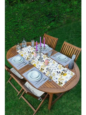 Rem Home Remhome Beyaz Zeminde Renkli Çiçek Desenli Modern 1 Adet Runner & 4 Adet Mavi Renkli Amerikan Servis