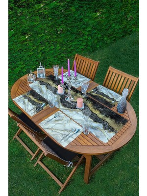Rem Home Remhome 4+1 Siyah & Gri Mermer Tasarımlı Amerikan Servis & Runner Seti