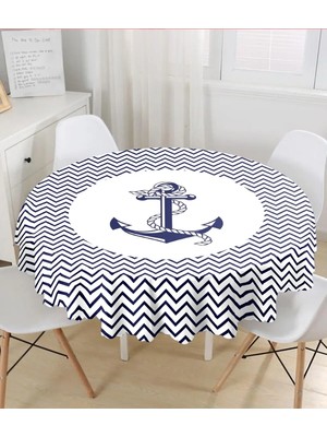 Rem Home Remhome Beyaz Zemin Üzerinde Geometrik Çizimli Çapa Desenli Yuvarlak Masa Örtüsü - Çap 140CM 140 x 140 cm