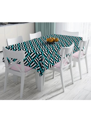 Rem Home Remhome Mavi Çizgili Siyah Beyaz Desenli Dekoratif Leke Tutmaz Masa Örtüsü 90 x 90 cm